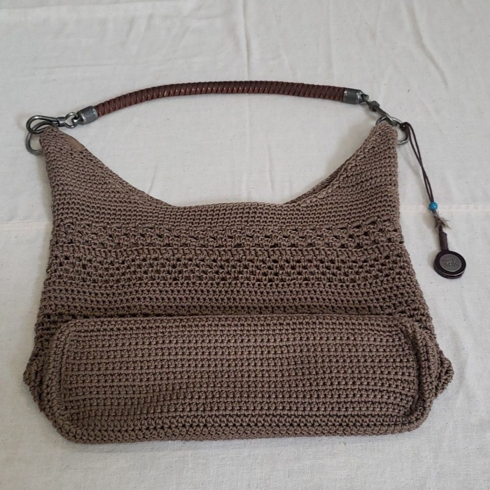 The Sak Crocheted Tote Leather Wrapped Swivel Handle Slouchy Shoulder Bag